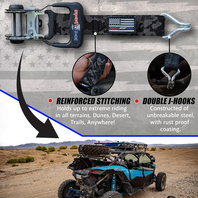 Straight Jacket Crew Y Strap for Spare Tire - Heavy Duty Spare Tire Strap for UTV, Offroad Accessories & Roof Rack, 3 Way Ratchet Strap Tie Down- 1.6" Wide, Can Secure Up to 40" Tire by (Black Camo) - Image 4
